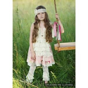 Mustard Pie Girl's Dress - Butterfly Print & Lace, Size 10